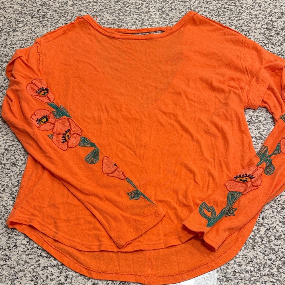 Free People Orange Long Sleeve Tee with Floral Sleeve Embroidery